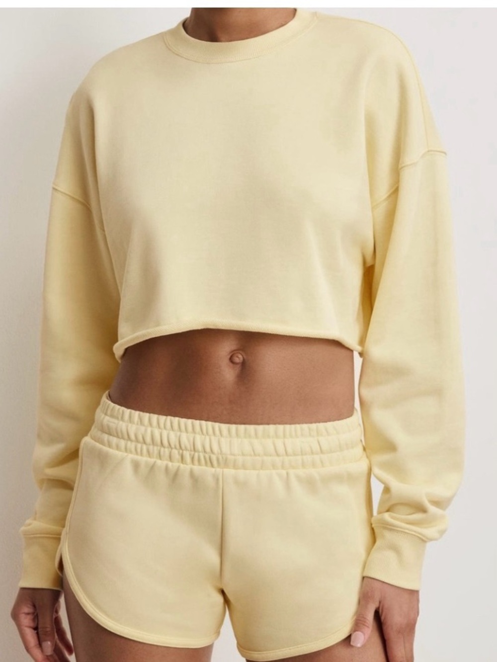 Good American Butter Yellow Oversize Cropped Sweatshirt and Short Set